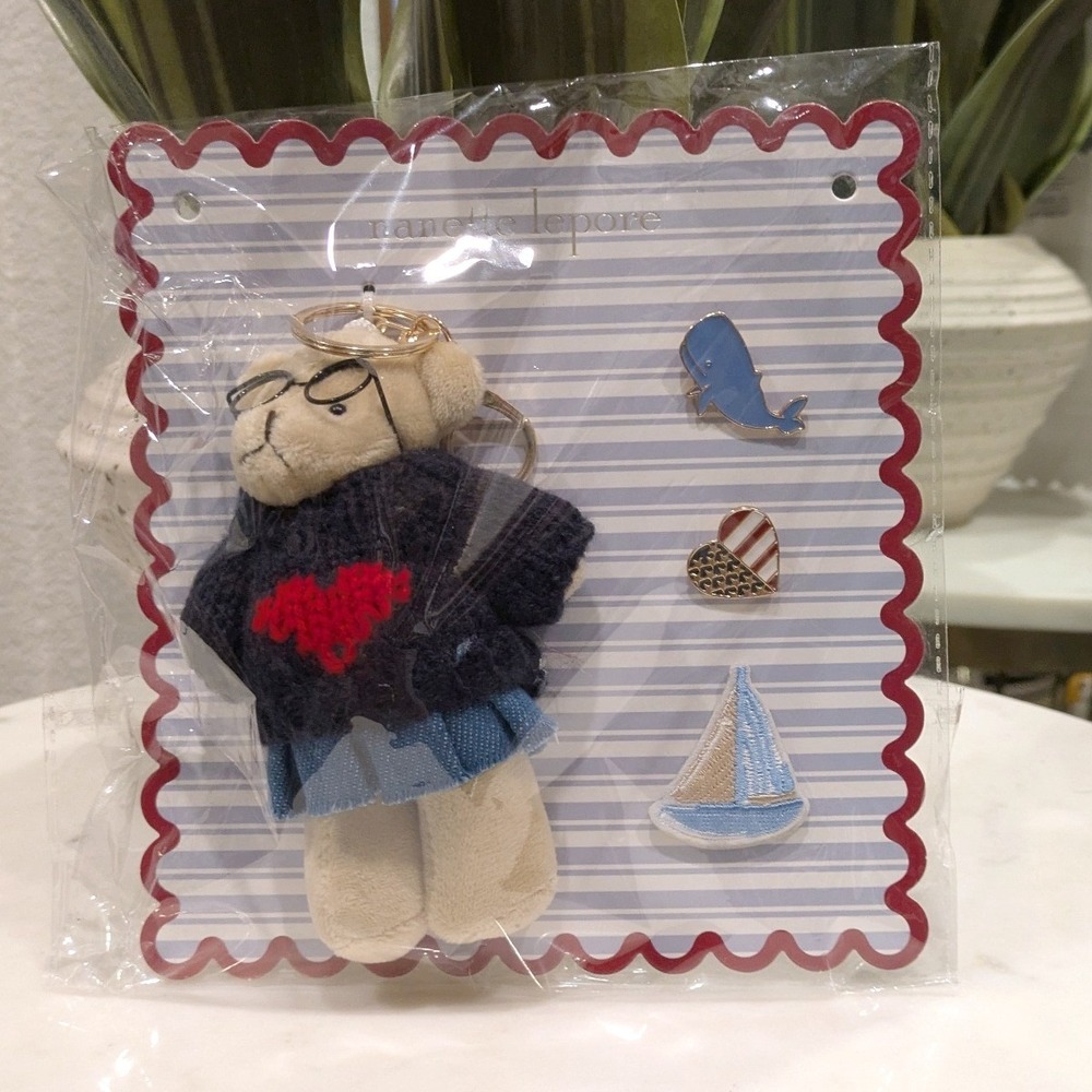 Nanette Lepore Teddy Bear Bag Charm and Pin Set 4th of July Blue Nautical NEW